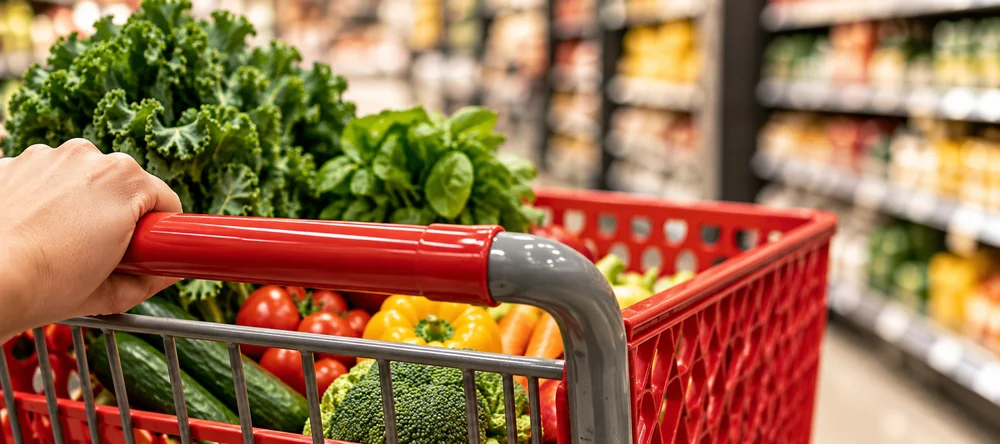Illustration of a red grocery cart filled with fresh vegetables