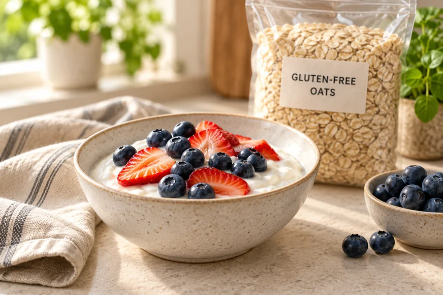Illustration of oatmeal, berries and an unbranded oat package