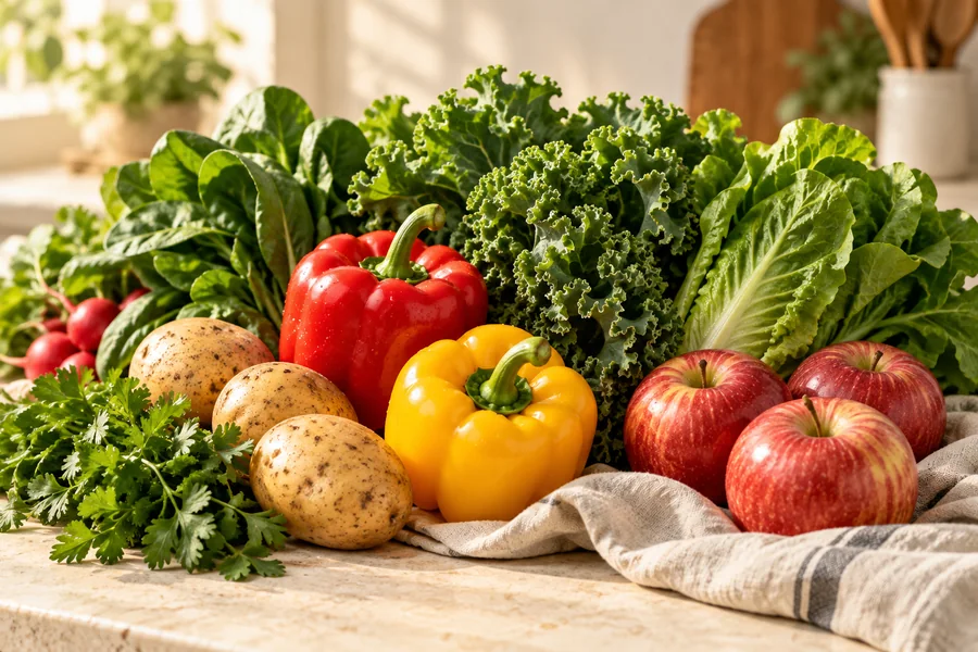 Illustration of fresh fruit and vegetables in a grocery basket