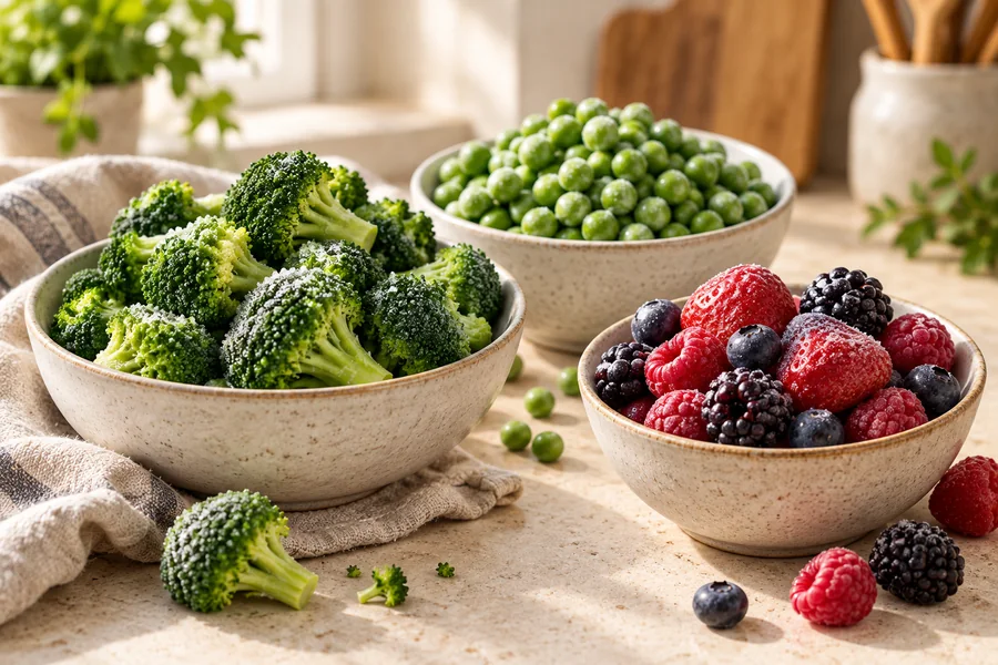 Illustration of frozen foods and unbranded freezer packages