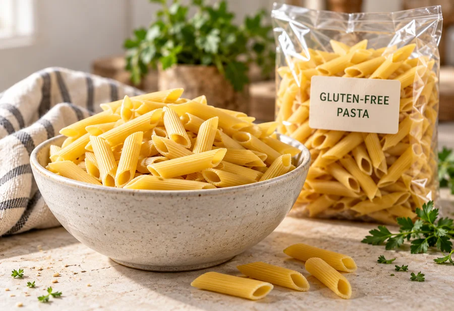 Illustration of dry pasta and an unbranded gluten-free pasta package