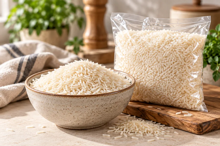 Illustration of rice, vegetables and an unbranded rice package