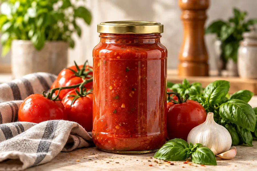 Illustration of tomato sauce ingredients and unbranded pantry jars
