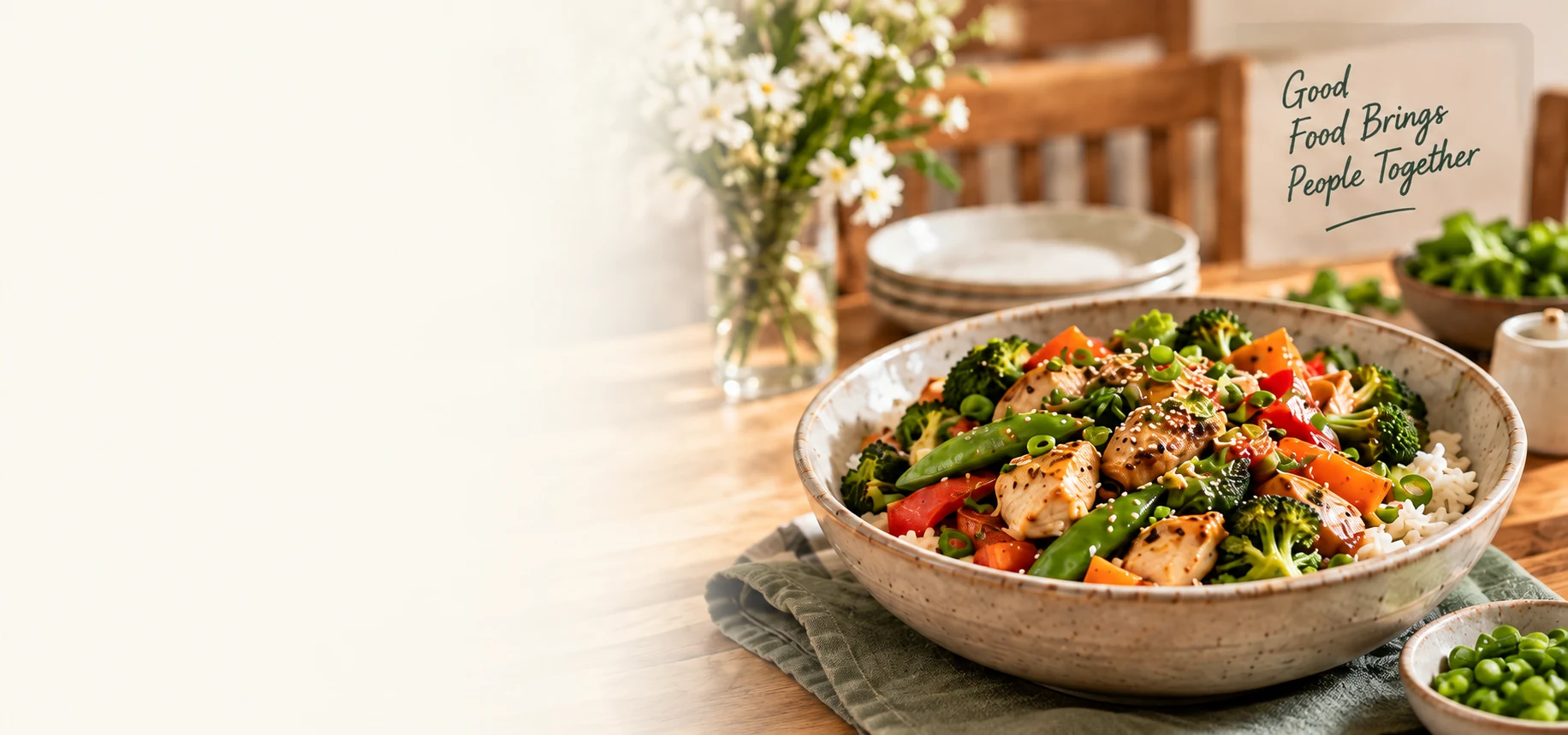 Illustrative chicken and vegetable dinner served with rice at a family table
