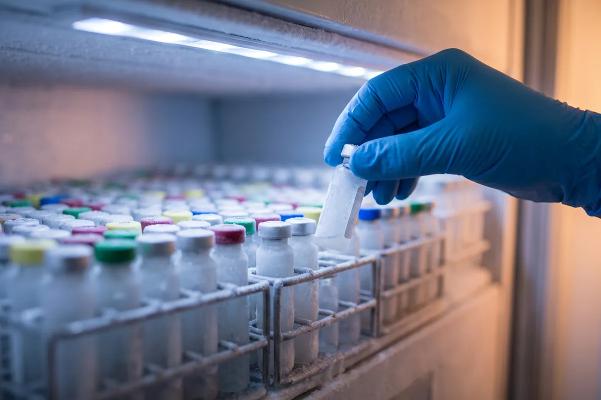 Archived frozen blood samples in a lab freezer, like the 1950s samples showing celiac disease really increased