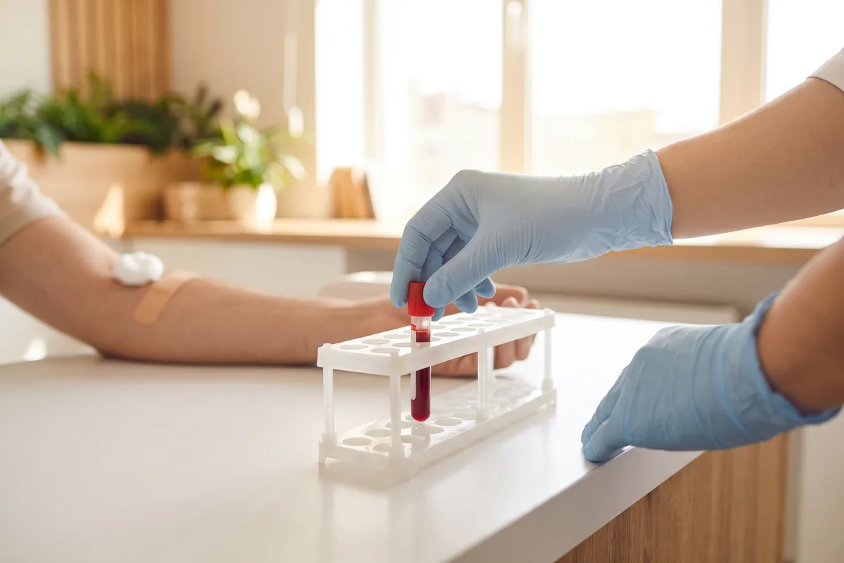 A blood sample placed in a rack for a celiac blood test, the step to take before going gluten-free