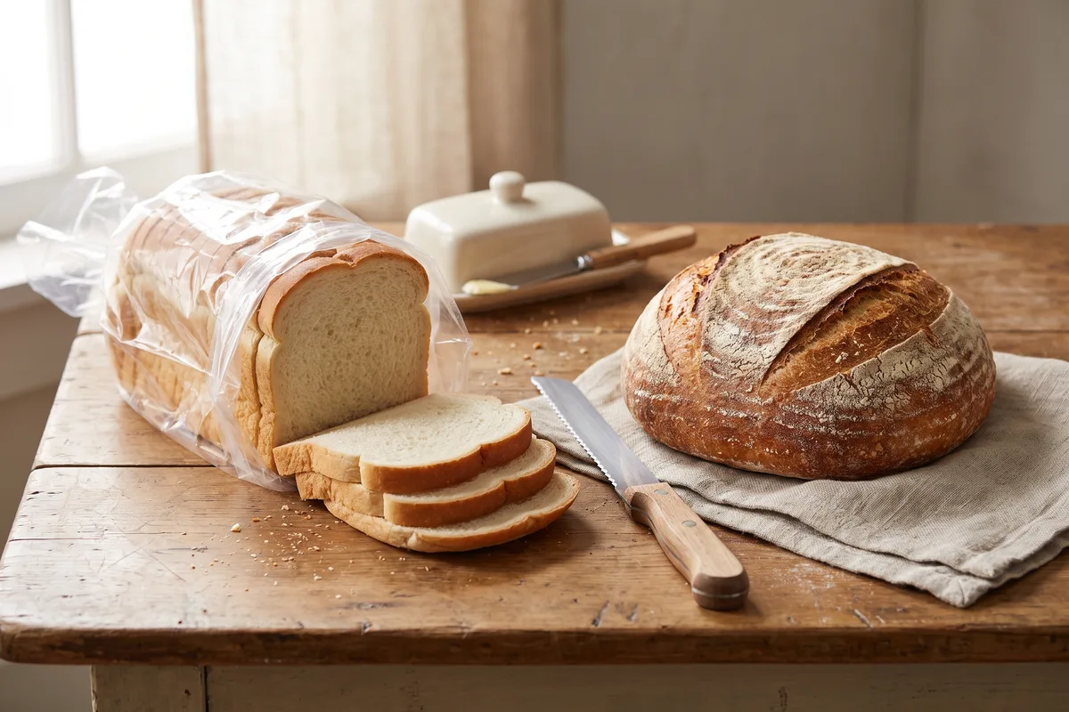 A packaged sliced sandwich loaf beside a crusty sourdough boule, the two breads behind the Europe debate