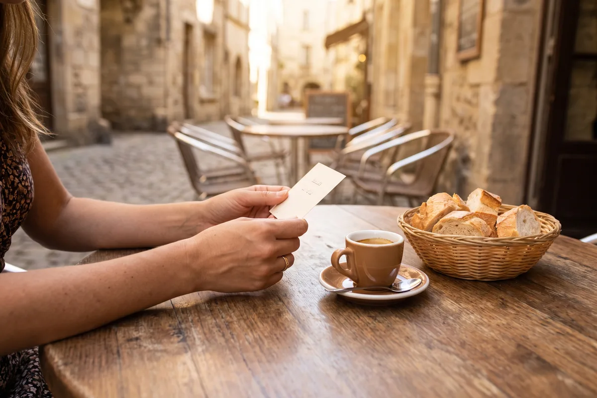 A traveler reads a dietary card beside an untouched bread basket at a European cafe table